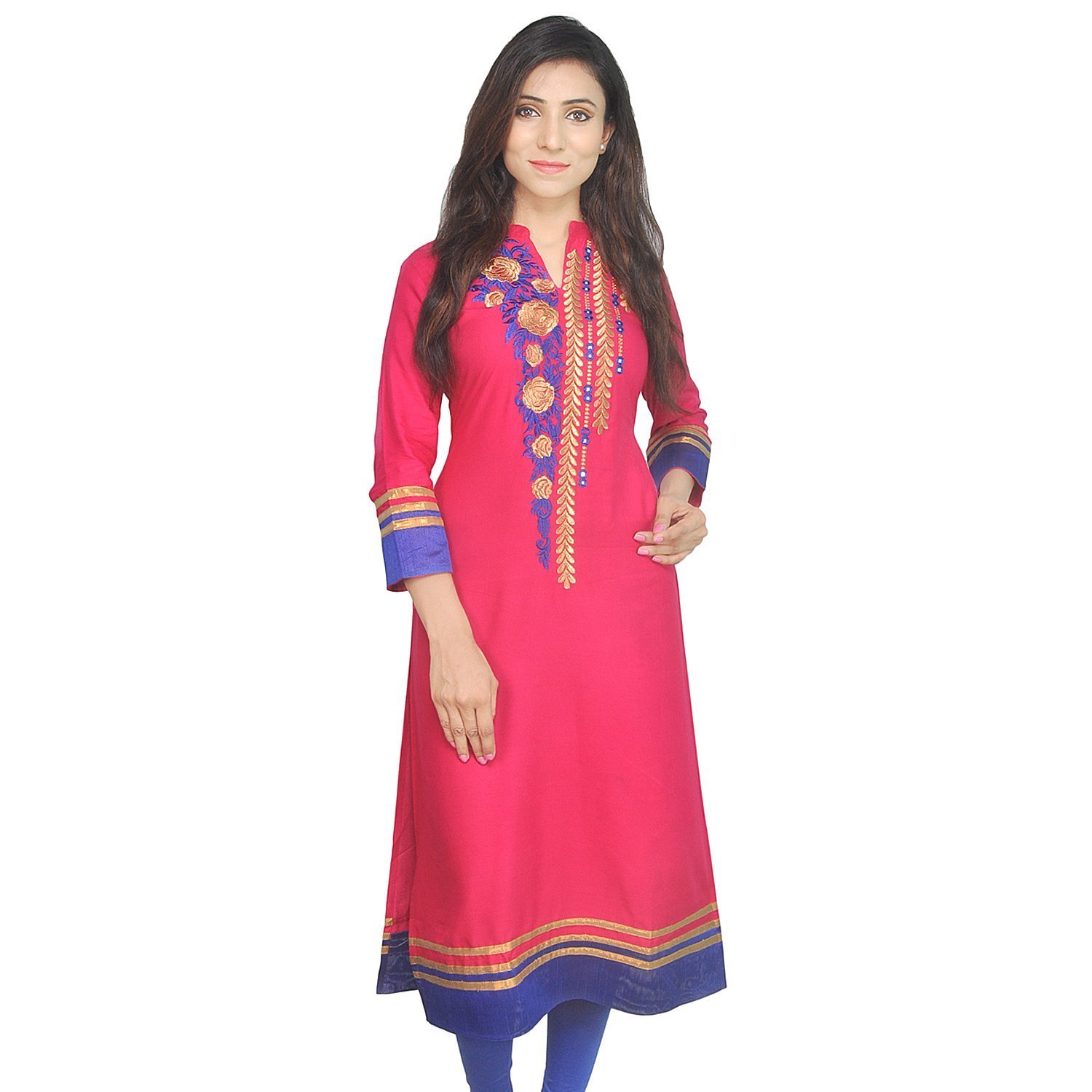 Chichi Indian Women's Embroidered Rayon Kurti Red-Blue For Casual/Daily/Party Wear