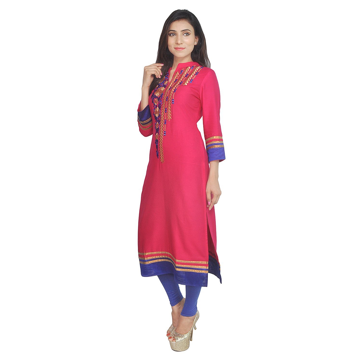 Chichi Indian Women's Embroidered Rayon Kurti Red-Blue For Casual/Daily/Party Wear