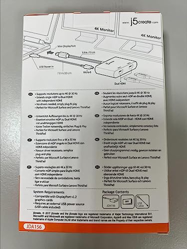 j5create Mini DisplayPort to Dual 4K HDMI MST Adapter, Compatible with Microsoft Surface Pro 2, Surface Book, HP OMEN 15-CE051NR and More (JDA156)