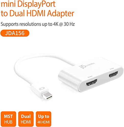 j5create Mini DisplayPort to Dual 4K HDMI MST Adapter, Compatible with Microsoft Surface Pro 2, Surface Book, HP OMEN 15-CE051NR and More (JDA156)