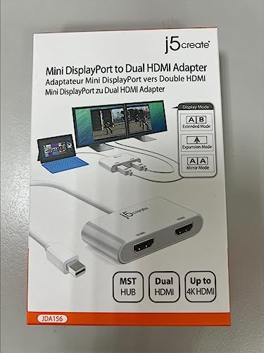 j5create Mini DisplayPort to Dual 4K HDMI MST Adapter, Compatible with Microsoft Surface Pro 2, Surface Book, HP OMEN 15-CE051NR and More (JDA156)