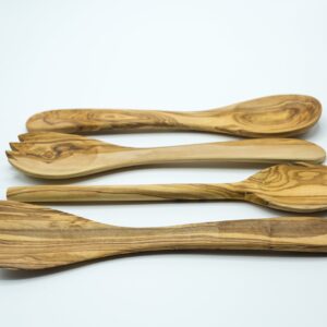 Olive Wood 5-Piece Wooden Cooking Utensil Set - Includes holder with spatula, cooking/mixing spoon, salad spoon and fork - Handcrafted in Tunisia - Unique patterns and color variations