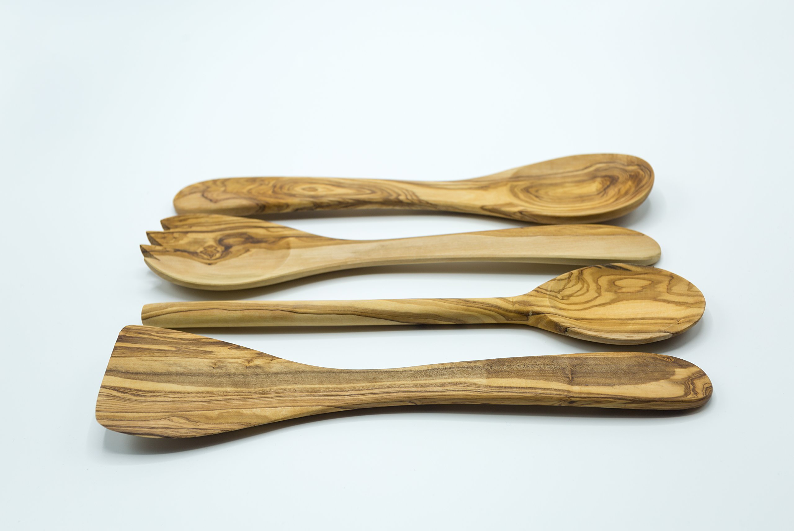 Olive Wood 5-Piece Wooden Cooking Utensil Set - Includes holder with spatula, cooking/mixing spoon, salad spoon and fork - Handcrafted in Tunisia - Unique patterns and color variations