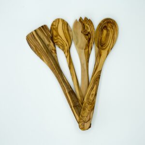 Olive Wood 5-Piece Wooden Cooking Utensil Set - Includes holder with spatula, cooking/mixing spoon, salad spoon and fork - Handcrafted in Tunisia - Unique patterns and color variations