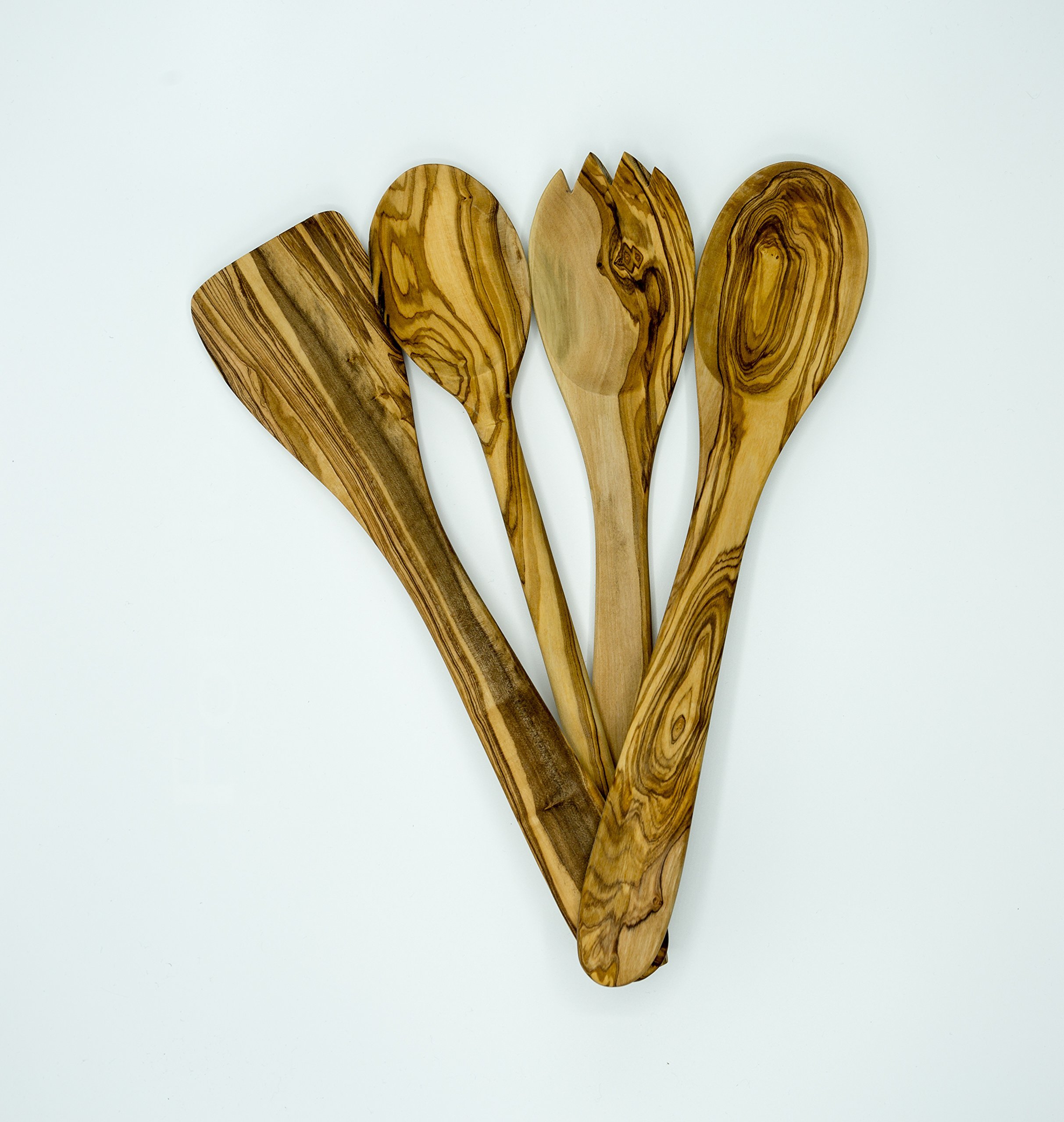 Olive Wood 5-Piece Wooden Cooking Utensil Set - Includes holder with spatula, cooking/mixing spoon, salad spoon and fork - Handcrafted in Tunisia - Unique patterns and color variations