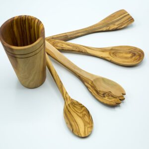 Olive Wood 5-Piece Wooden Cooking Utensil Set - Includes holder with spatula, cooking/mixing spoon, salad spoon and fork - Handcrafted in Tunisia - Unique patterns and color variations