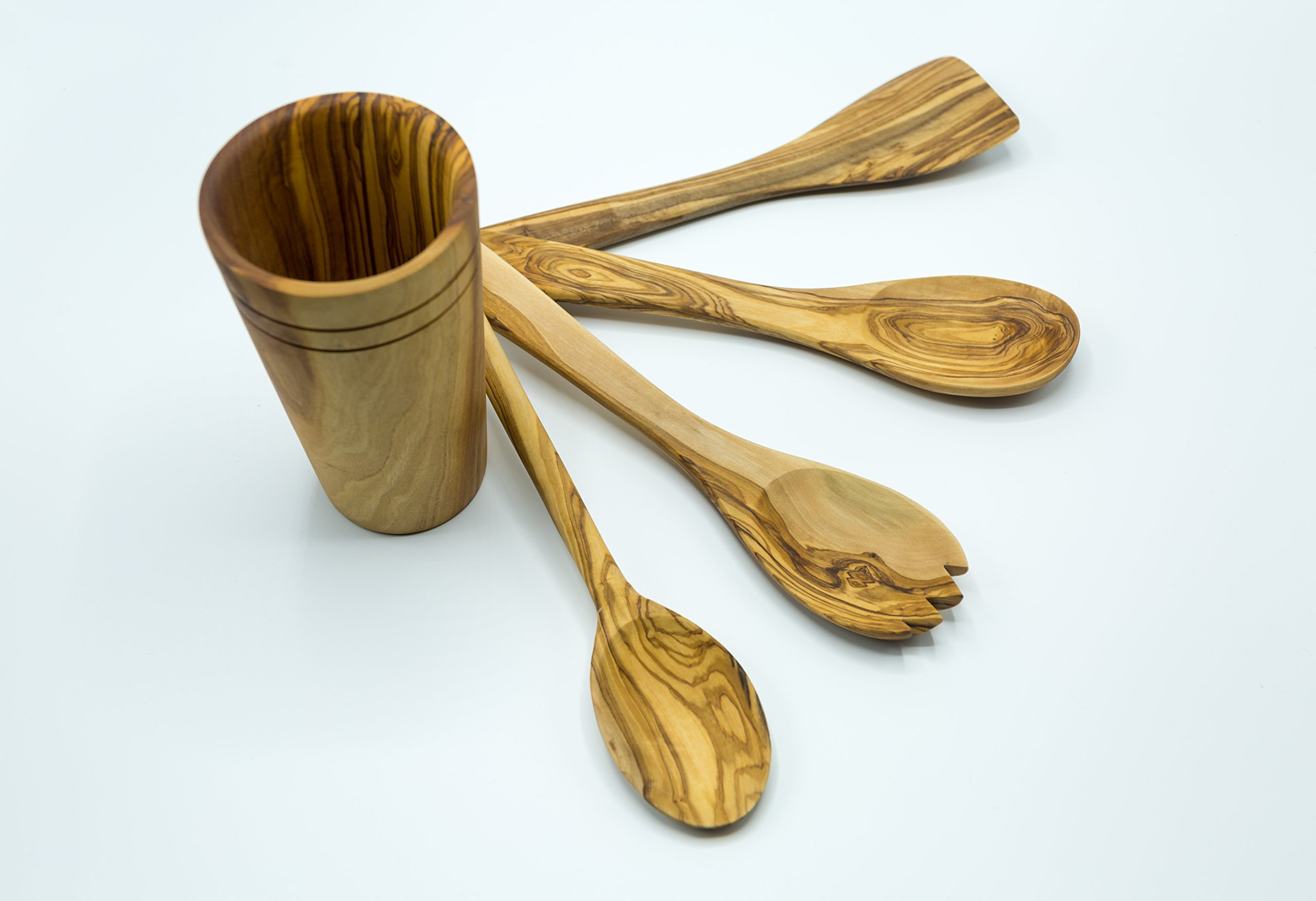 Olive Wood 5-Piece Wooden Cooking Utensil Set - Includes holder with spatula, cooking/mixing spoon, salad spoon and fork - Handcrafted in Tunisia - Unique patterns and color variations