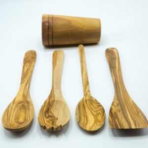 Olive Wood 5-Piece Wooden Cooking Utensil Set - Includes holder with spatula, cooking/mixing spoon, salad spoon and fork - Handcrafted in Tunisia - Unique patterns and color variations