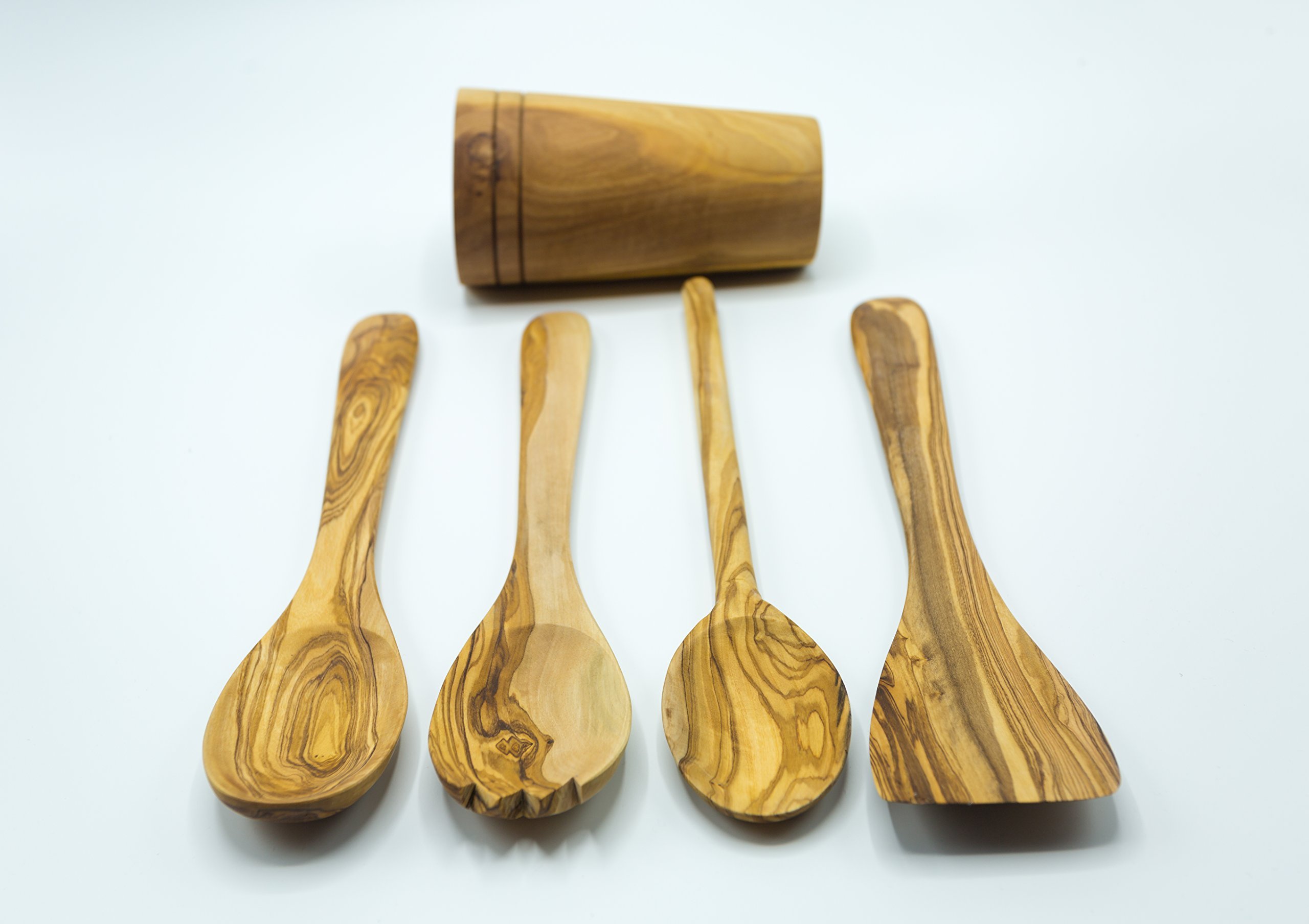 Olive Wood 5-Piece Wooden Cooking Utensil Set - Includes holder with spatula, cooking/mixing spoon, salad spoon and fork - Handcrafted in Tunisia - Unique patterns and color variations