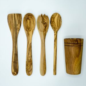 Olive Wood 5-Piece Wooden Cooking Utensil Set - Includes holder with spatula, cooking/mixing spoon, salad spoon and fork - Handcrafted in Tunisia - Unique patterns and color variations