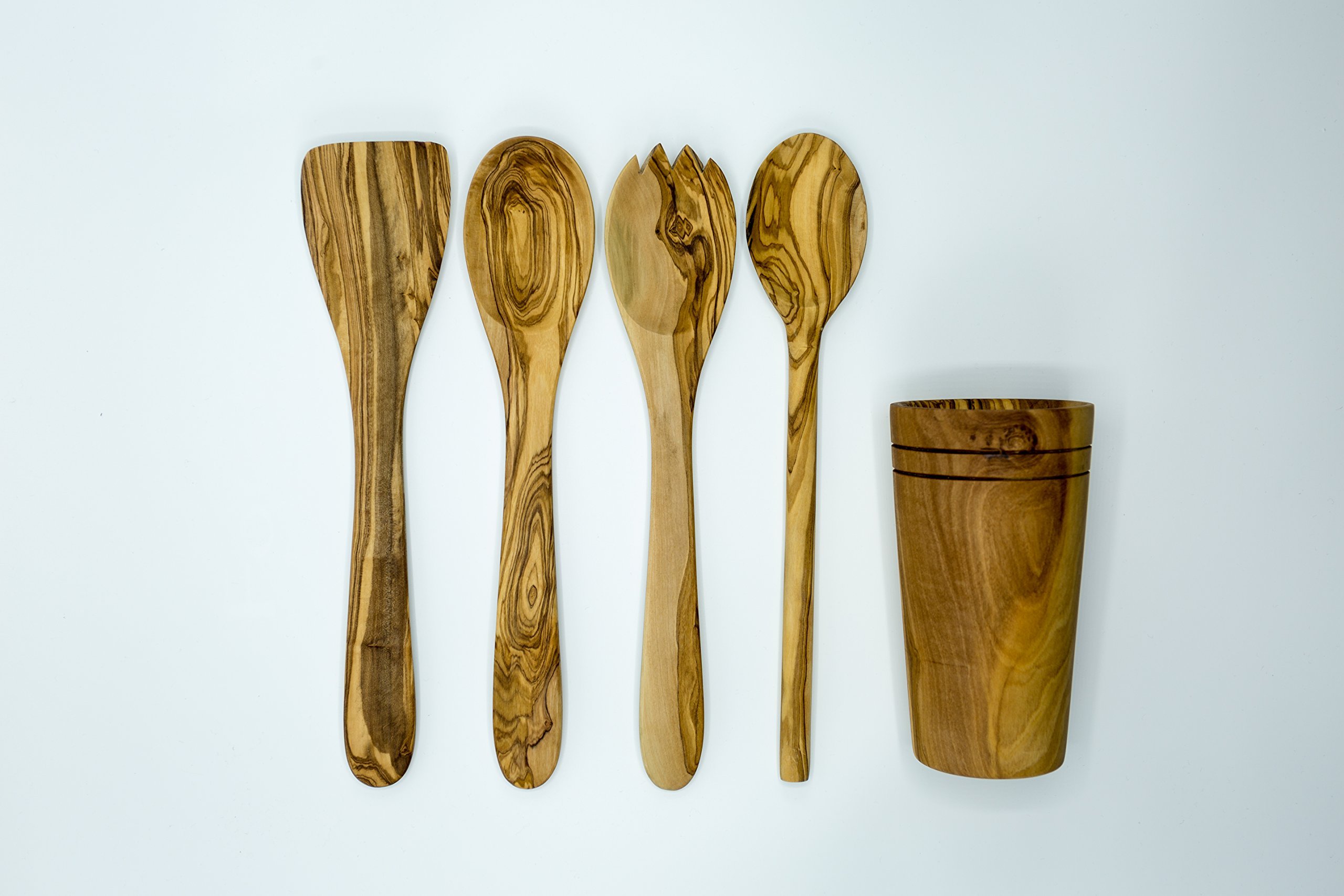 Olive Wood 5-Piece Wooden Cooking Utensil Set - Includes holder with spatula, cooking/mixing spoon, salad spoon and fork - Handcrafted in Tunisia - Unique patterns and color variations