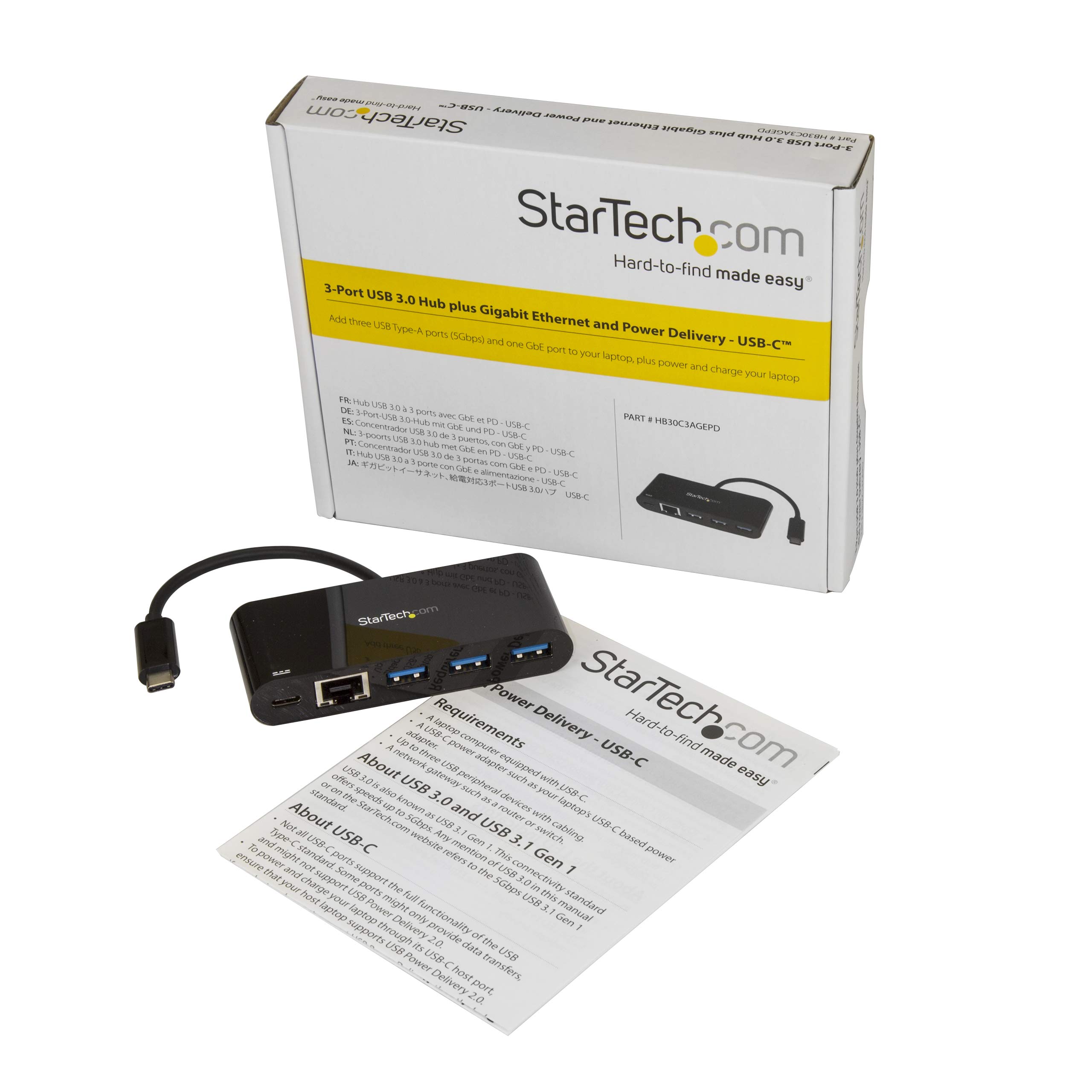 StarTech.com 3 Port USB-C Hub with Gigabit Ethernet & 60W Power Delivery Passthrough Laptop Charging - USB-C to 3x USB-A (USB 3.0 SuperSpeed 5Gbps) - USB 3.1/3.2 Gen 1 Type-C Adapter Hub (HB30C3AGEPD)