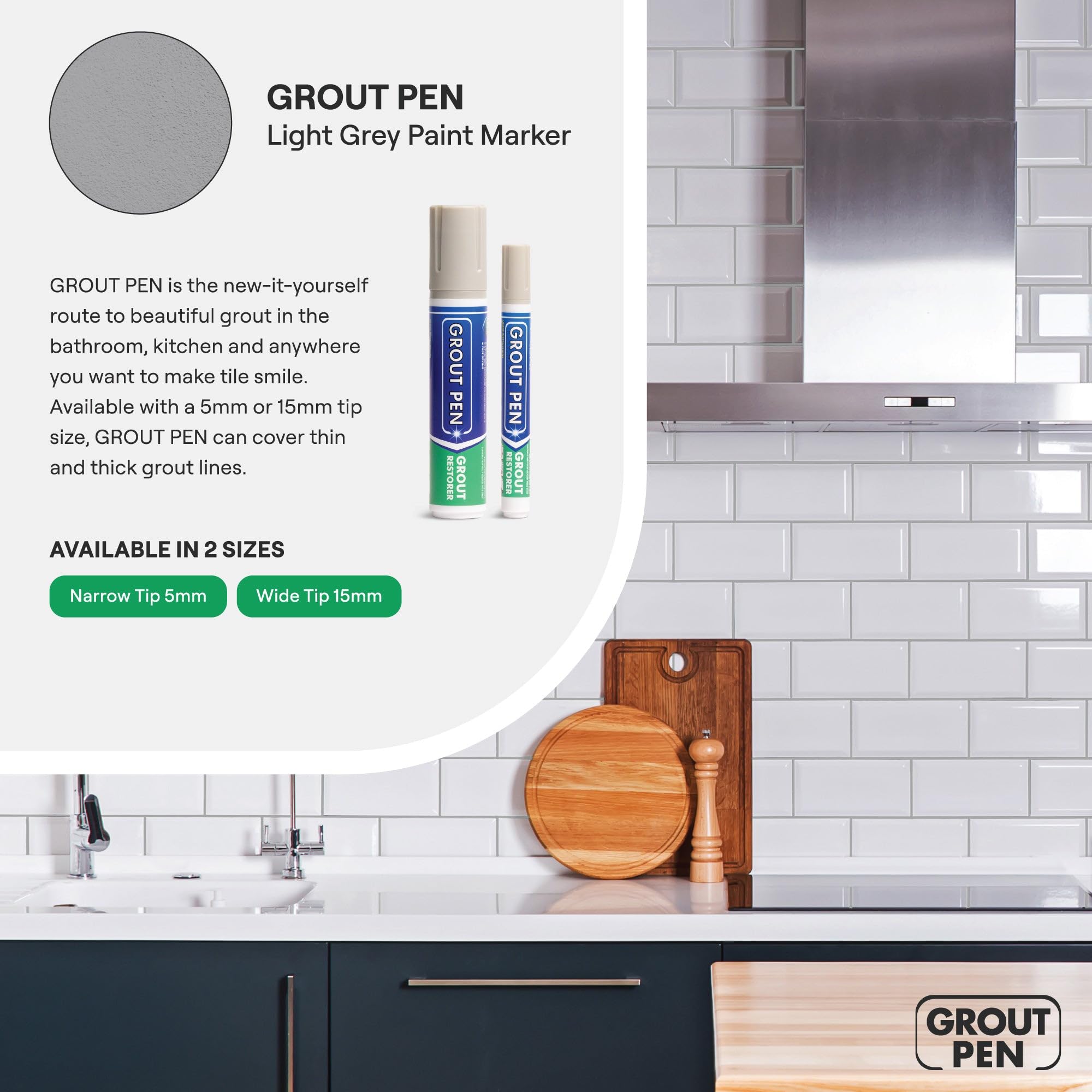 Grout Pen Light Grey Tile Paint Marker: Waterproof Grout Paint, Tile Grout Colorant and Sealer Pen - Light Grey, Narrow 5mm Tip (7mL)