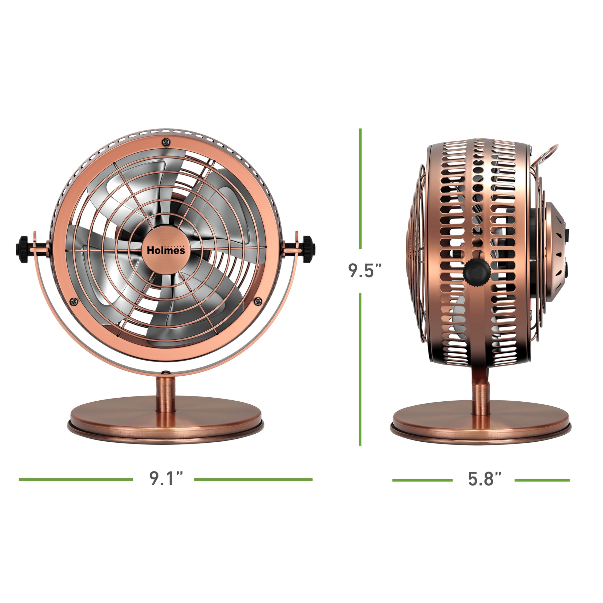 HOLMES 6" Heritage Table Fan, 2 Speeds, 4 Blades, Adjustable 145° Head Tilt, Metal Construction, Ideal for Home, Bedrooms, Dorm Rooms or Office, Brushed Copper