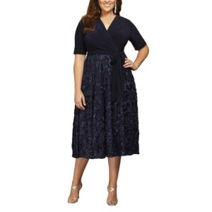 Alex Evenings Women's Plus Size Tea Length Dress with Rosette Detail, Navy Tie Front, 22W