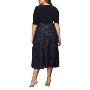 Alex Evenings Women's Plus Size Tea Length Dress with Rosette Detail, Navy Tie Front, 22W