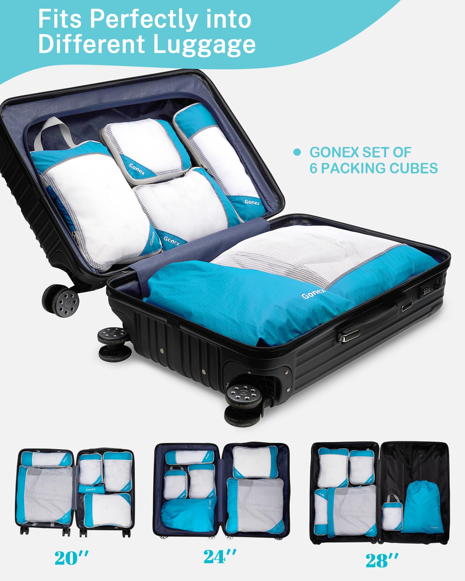 Gonex Compression Packing Cubes Mesh Organizers L+M+S+XS+Slim+Laundry Bag Blue