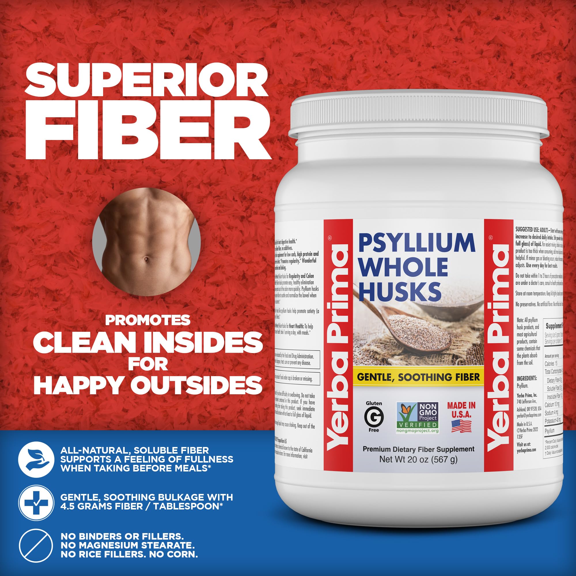 Yerba Prima Psyllium Whole Husks Fiber Supplement - Colon Cleanse - Gut Health - Vegan Non-GMO Gluten Free - 20oz