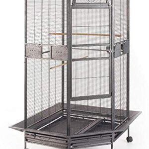 64" Extra Large Corner Bird Flight Breeding Wrought Iron Rolling Parrot Cage Side Solid Metal Plate Feed Doors Pull Out Metal Grate and Tray with Around Metal Seed Guard