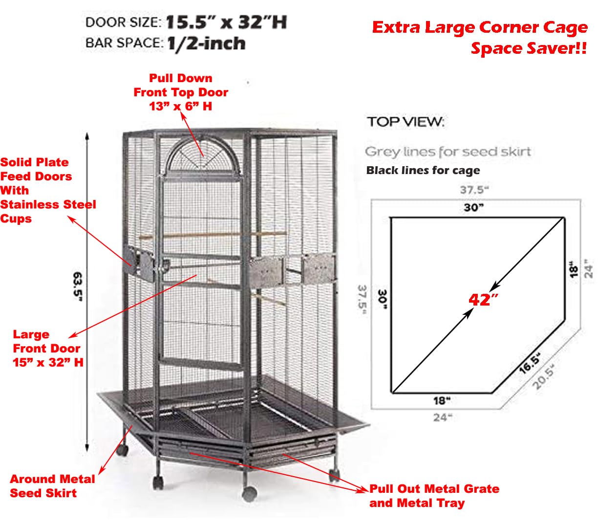 64" Extra Large Corner Bird Flight Breeding Wrought Iron Rolling Parrot Cage Side Solid Metal Plate Feed Doors Pull Out Metal Grate and Tray with Around Metal Seed Guard