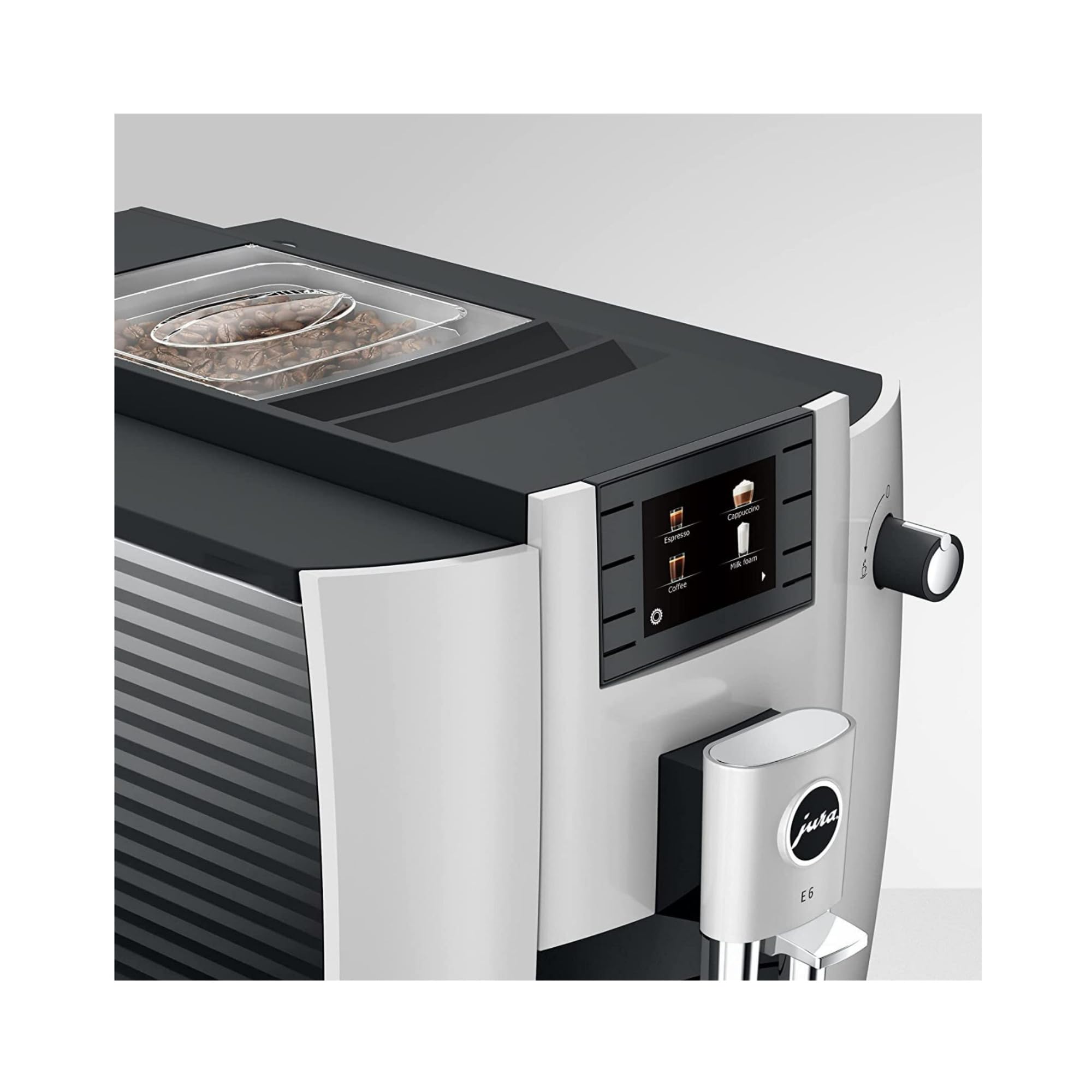 Jura E6 Automatic, Affordable Espresso Machine with Programmable Coffee Strength (Platinum) Bundle with Smart Filter Cartridge, Cleaning Tablets, Coffee Beans Bag, and Glass Milk Container (5 Items)