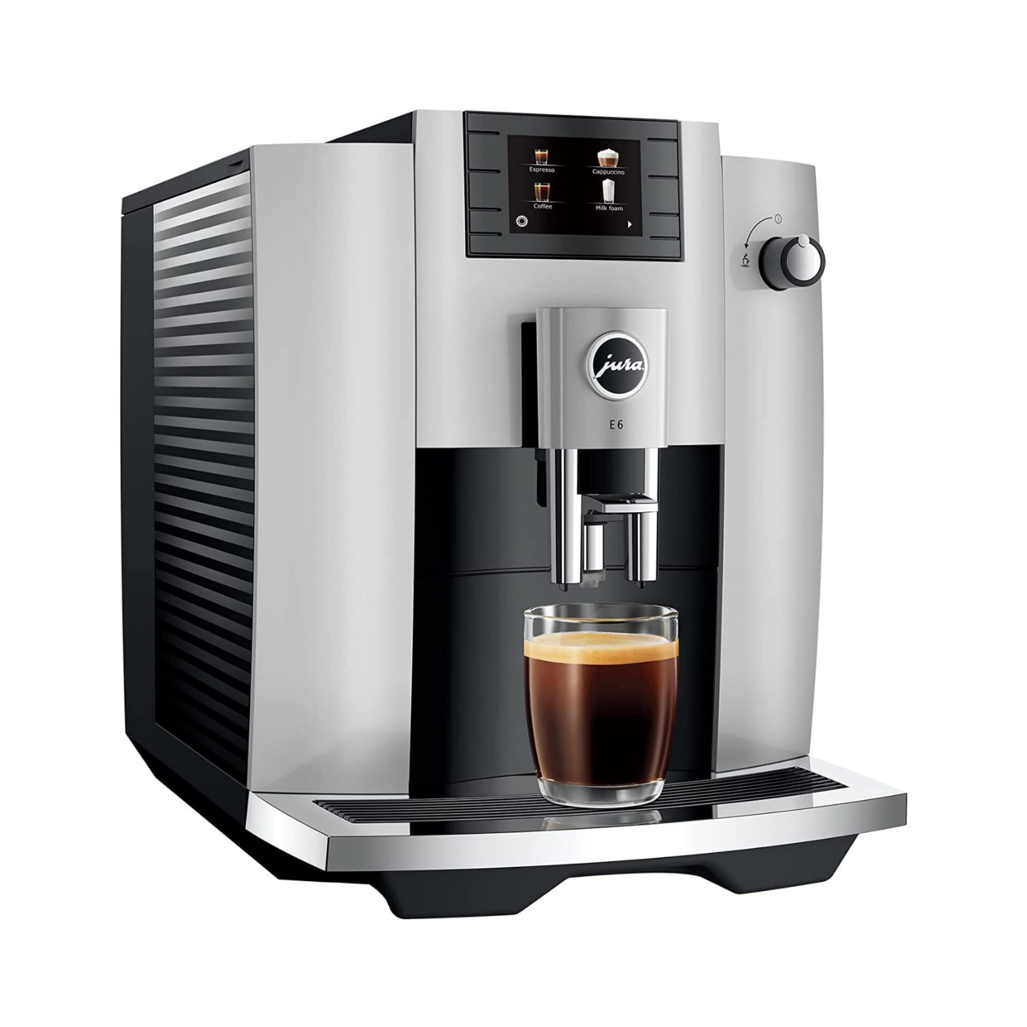 Jura E6 Automatic, Affordable Espresso Machine with Programmable Coffee Strength (Platinum) Bundle with Smart Filter Cartridge, Cleaning Tablets, Coffee Beans Bag, and Glass Milk Container (5 Items)