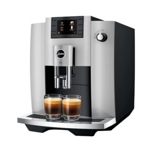 Jura E6 Automatic, Affordable Espresso Machine with Programmable Coffee Strength (Platinum) Bundle with Smart Filter Cartridge, Cleaning Tablets, Coffee Beans Bag, and Glass Milk Container (5 Items)