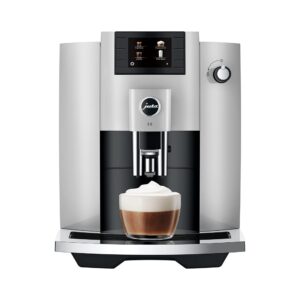 Jura E6 Automatic, Affordable Espresso Machine with Programmable Coffee Strength (Platinum) Bundle with Smart Filter Cartridge, Cleaning Tablets, Coffee Beans Bag, and Glass Milk Container (5 Items)