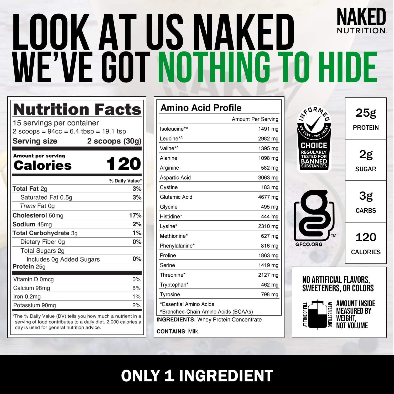 NAKED nutrition Naked Whey 1Lb - Only 1 Ingredient, Grass Fed Whey Protein Powder, Undenatured, No Gmos, No Soy, Gluten Free, Stimulate Growth, Enhance Recovery - 15 Servings