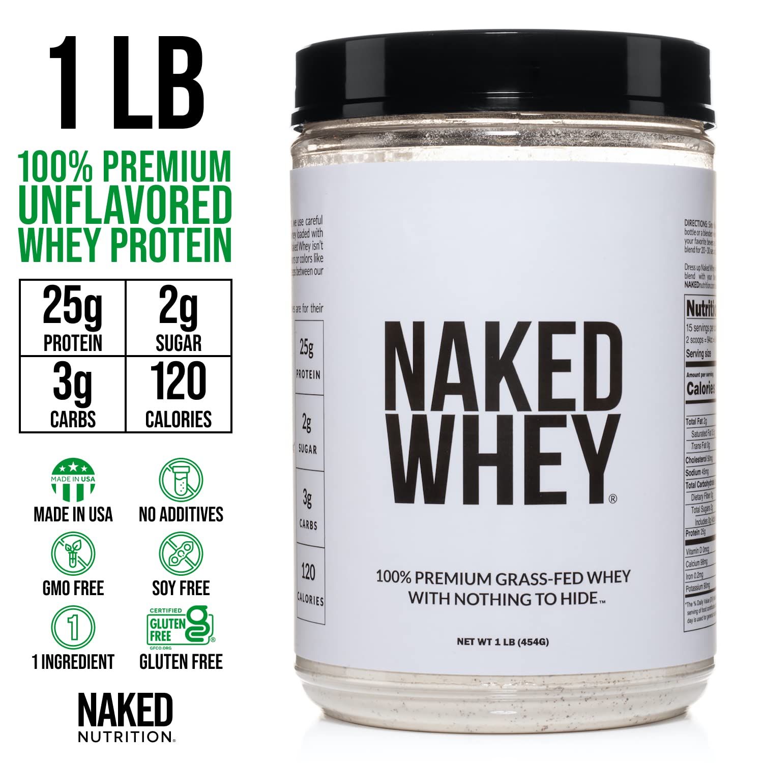 NAKED nutrition Naked Whey 1Lb - Only 1 Ingredient, Grass Fed Whey Protein Powder, Undenatured, No Gmos, No Soy, Gluten Free, Stimulate Growth, Enhance Recovery - 15 Servings