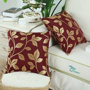 CaliTime Throw Pillow Covers Pack of 2 Cute Growing Leaves Cushion Cases Shells for Couch Sofa Home Decoration 18 X 18 Inches Burgundy/Gold