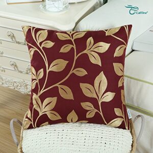 CaliTime Throw Pillow Covers Pack of 2 Cute Growing Leaves Cushion Cases Shells for Couch Sofa Home Decoration 18 X 18 Inches Burgundy/Gold