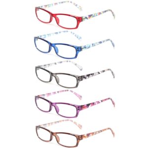 Reading Glasses 5 Pairs Fashion Ladies Readers Spring Hinge with Pattern Print Eyeglasses for Women (5 Pack Mix Color, 1.25)