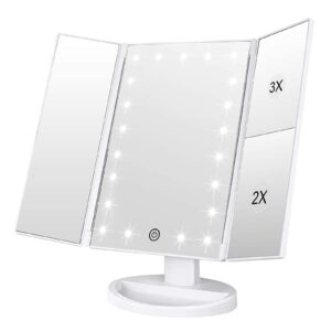 weily tabletop mount makeup mirror with 21 led lights,two power supply, touch screen and 1x/2x/3x magnification tri-fold vanity mirror, gift for women(white)