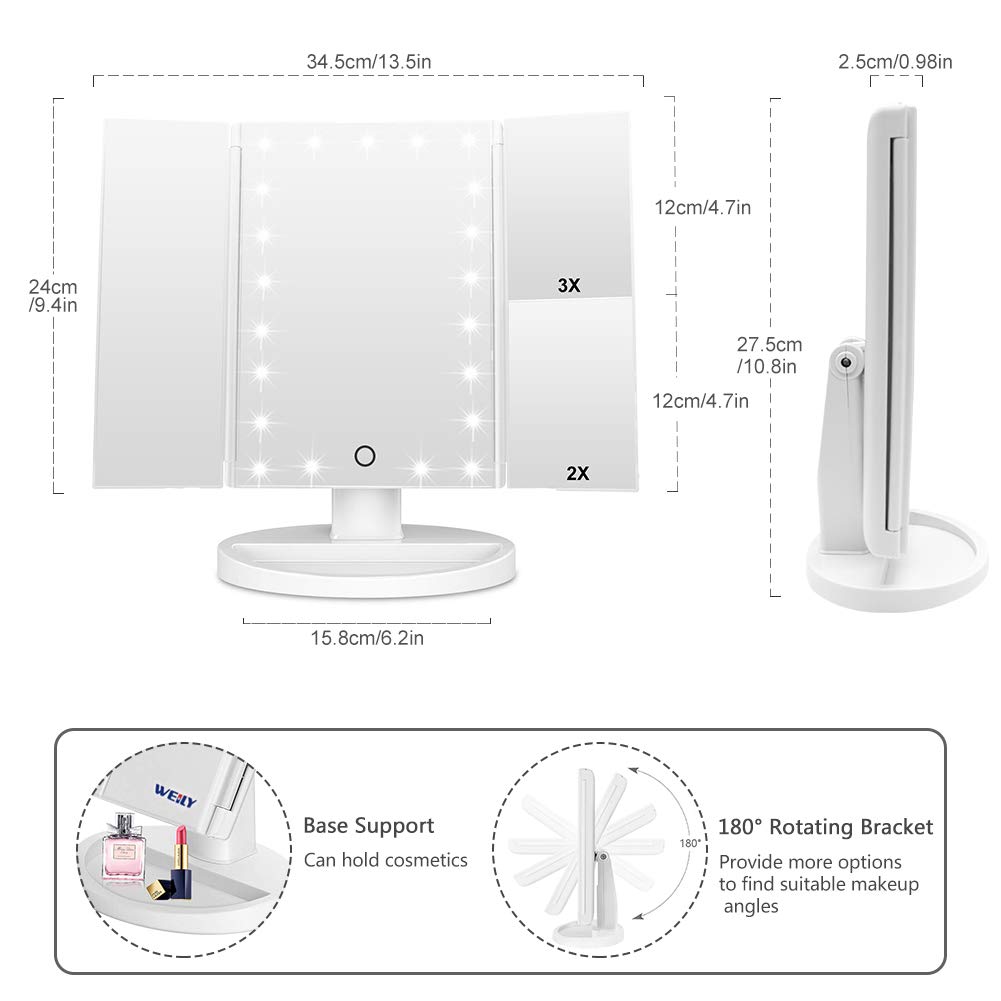 WEILY Tabletop Mount Makeup Mirror with 21 LED Lights,Two Power Supply, Touch Screen and 1x/2x/3x Magnification Tri-Fold Vanity Mirror, Gift for Women(White)