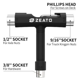 Zeato All-in-One Skate Tools Multi-Function Portable Skateboard T Tool Accessory with T-Type Allen Key and L-Type Phillips Head Wrench Screwdriver - Black