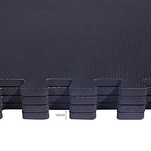 Signature Fitness Puzzle Exercise Mat with EVA Foam Interlocking Tiles for MMA, Exercise, Gymnastics and Home Gym Protective Flooring, 1/2" Thick, 48 Square Feet, Black