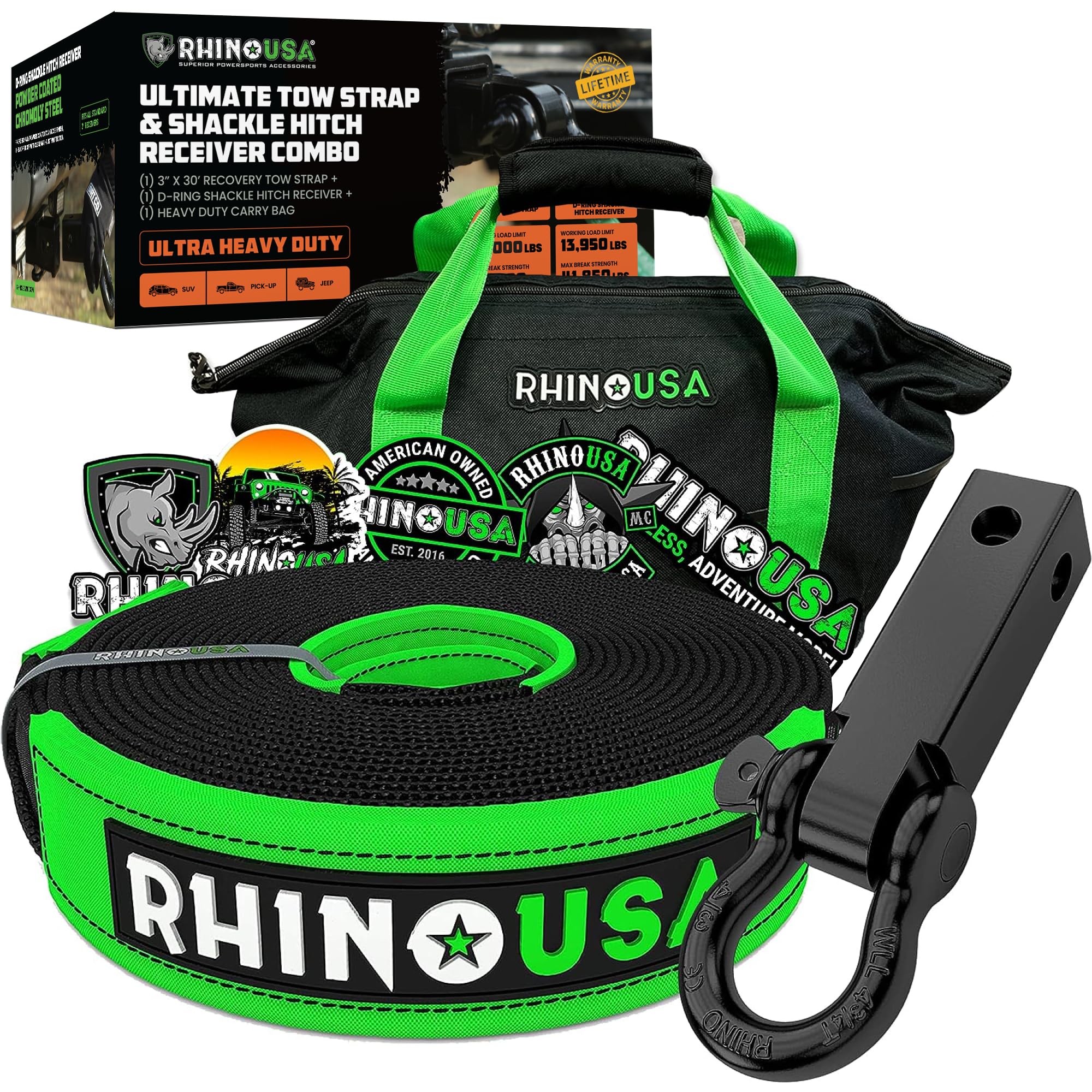 Rhino USA Heavy-Duty Recovery Gear Combos Off-Road Jeep Truck Vehicle Recovery, Best Offroad Towing Accessories - Guaranteed for Life (30' Strap + Shackle Hitch)