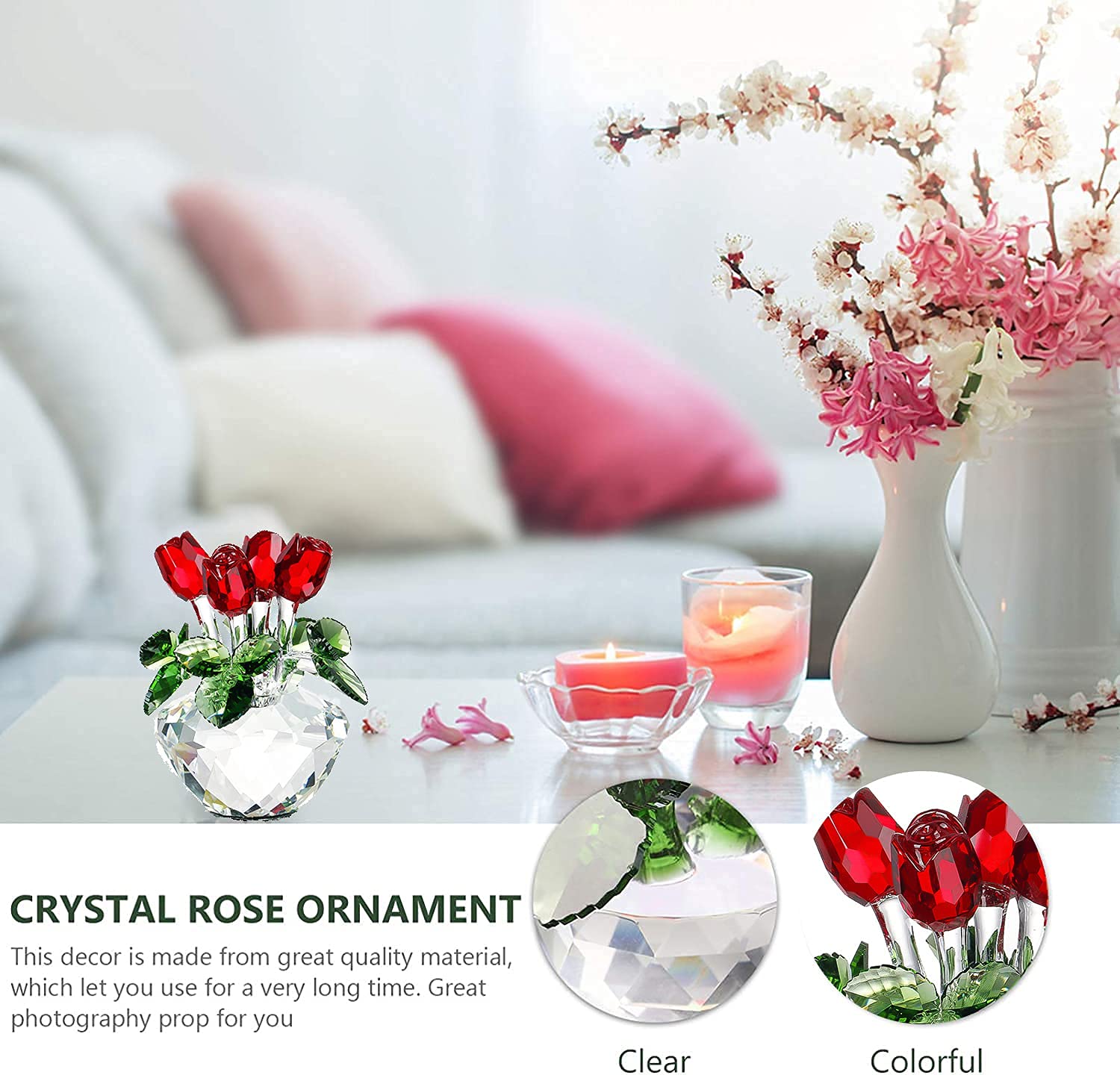 H&D HYALINE & DORA Red Rose Figurine Ornament Spring Bouquet Crystal Glass Flowers Gift-Boxed