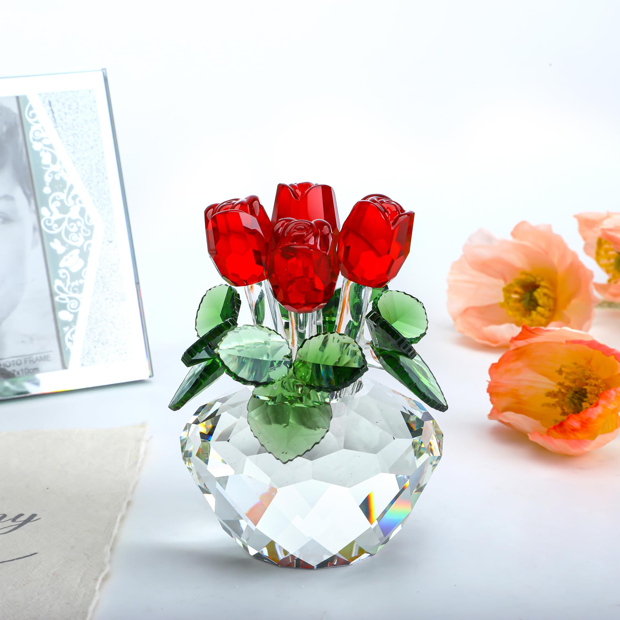 H&D HYALINE & DORA Red Rose Figurine Ornament Spring Bouquet Crystal Glass Flowers Gift-Boxed