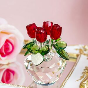 H&D HYALINE & DORA Red Rose Figurine Ornament Spring Bouquet Crystal Glass Flowers Gift-Boxed