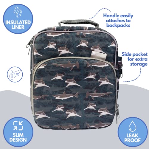 Insulated Lunch Box w Snack Pocket & Water Bottle Holder- Boys or Kids School Lunchbox Tote Keeps Food Hotter or Colder Longer- Reusable Bag Fits Most Bento Boxes Ice Packs Nesting Containers - Shark