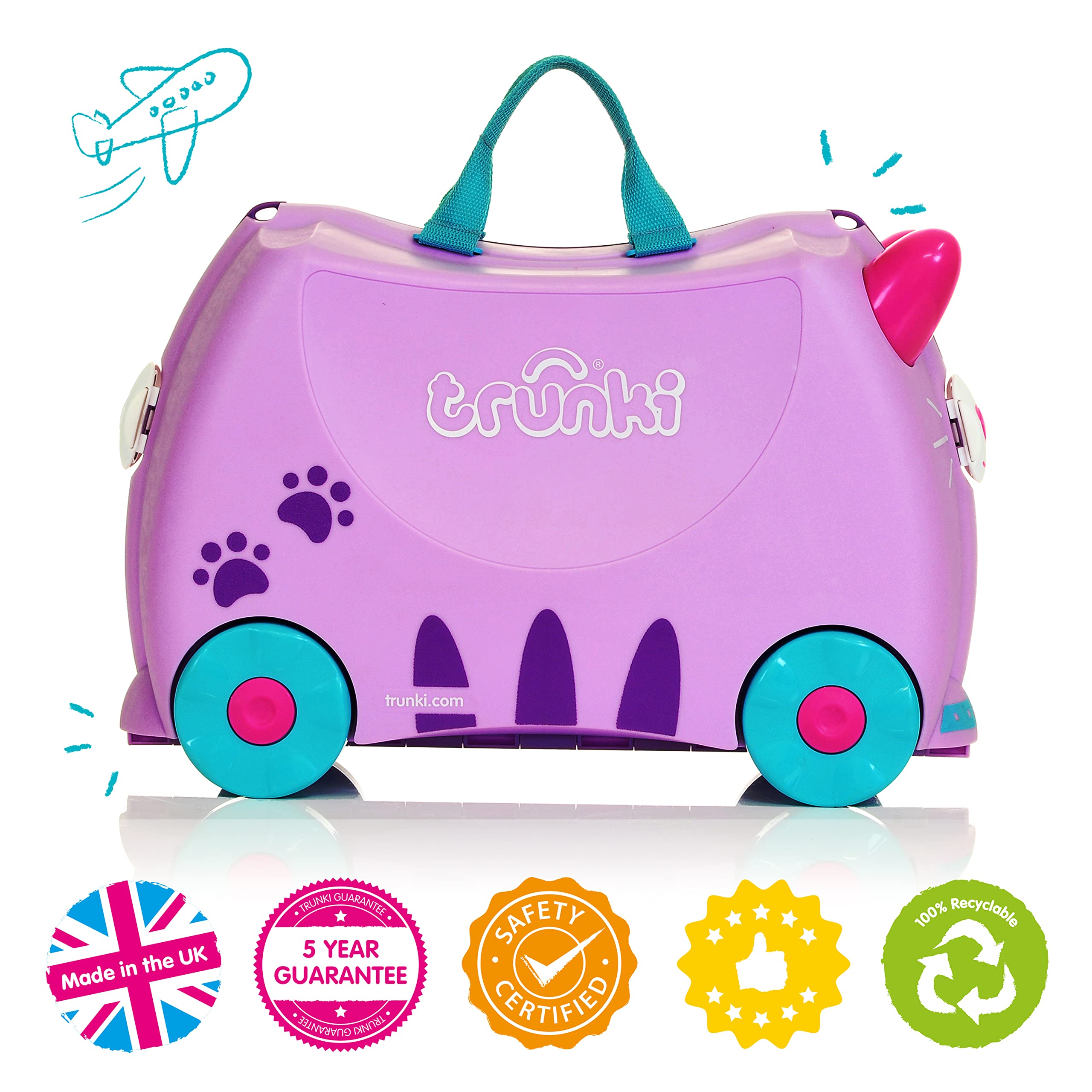 Trunki Ride-On Kids Suitcase | Tow-Along Toddler Luggage | Carry-On Cute Bag with Wheels | Kids Luggage and Airplane Travel Essentials: Cassie Cat Lilac