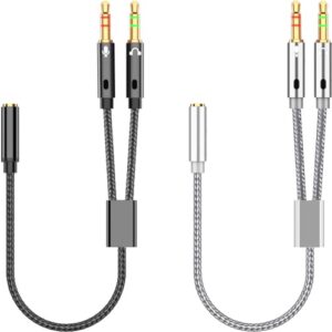 Warmstor 2-Pack Headphone Splitter for Computer 3.5mm Female to 2 Dual 3.5mm Male Headphone Mic Audio Adapter Y Splitter Cable Nylon Braided Cord Smartphone Headset to PC Adapter (Black,Silver)