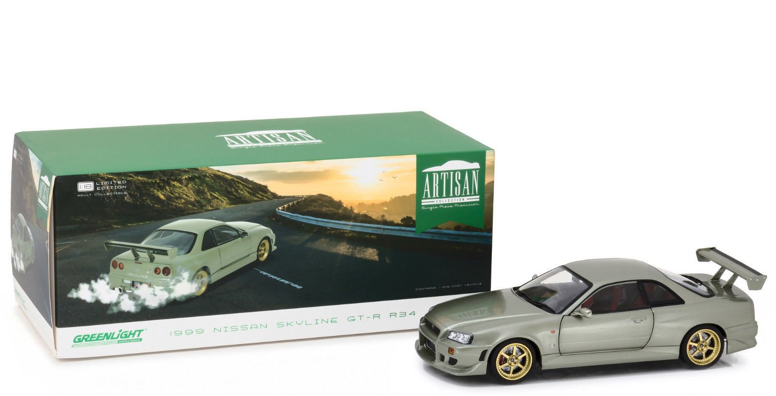 NEW 1:18 GREENLIGHT ARTISAN COLLECTION - GREEN 1999 NISSAN SKYLINE GT-R (R34) Diecast Model Car By Greenlight