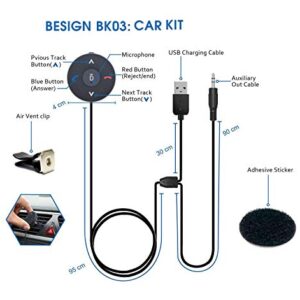 Besign Bluetooth 4.1 Car Kit for Handsfree Talking and Music Streaming, Wireless Audio Receiver with Dual Port USB Car Charger and Ground Loop Noise Isolator for Car with 3.5mm AUX Input Port