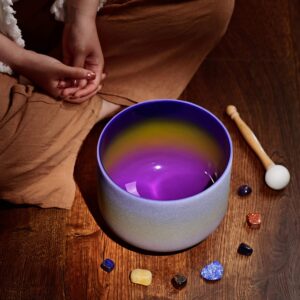 CVNC 8 Inch Rainbow Colored A Note Third-Eye Chakra Frosted Quartz Crystal Singing Bowl + Free mallet & O-ring