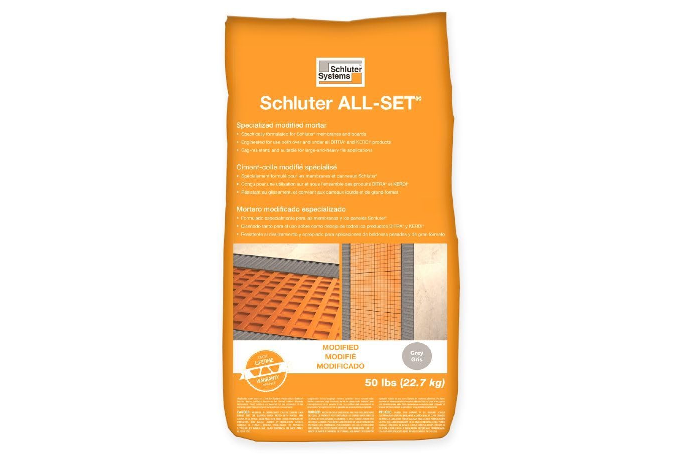 Schluter All-Set Modified Thin-Set Mortar - Ideal for Ditra and Kerdi Systems, Suitable for Ceramic, Porcelain, Stone Tile, Interior and Exterior Use - Grey, 50 Lbs - SETA50G