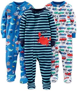 simple joys by carter's baby boys' 3-pack snug fit footed cotton pajamas, blue sea life/navy stripe/white cars, 18 months