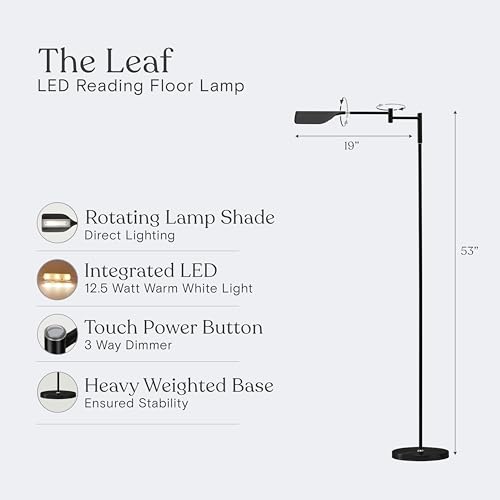 Brightech Leaf Pharmacy LED Reading Lamp, Dimmable Floor Lamp with Easy Rotation over Chair or Desk for Living Rooms & Offices, Adjustable Standing Lamp, Tall Lamp for Sewing & Craftwork - Jet Black